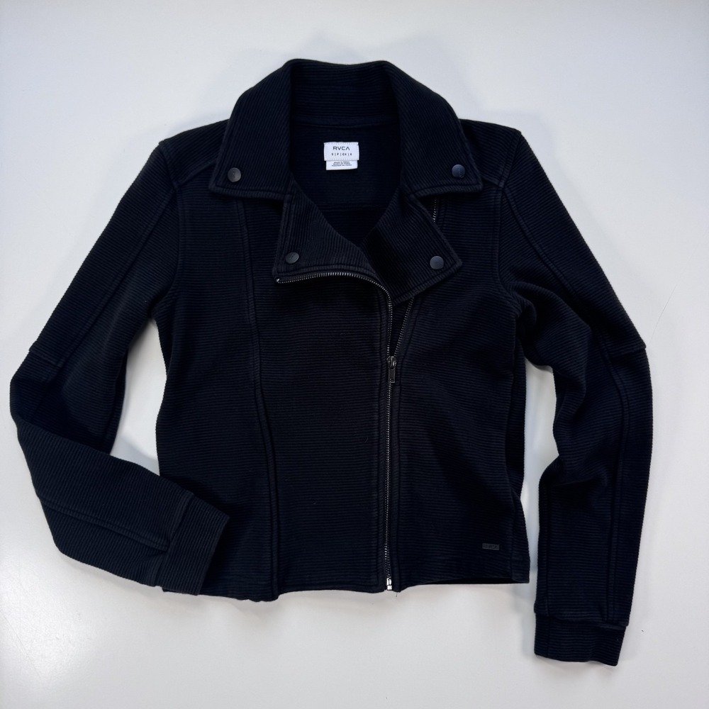 RVCA Agnes Jacket Asymmetrical Zip Moto Style Womens Small Black Ribbed Cotton